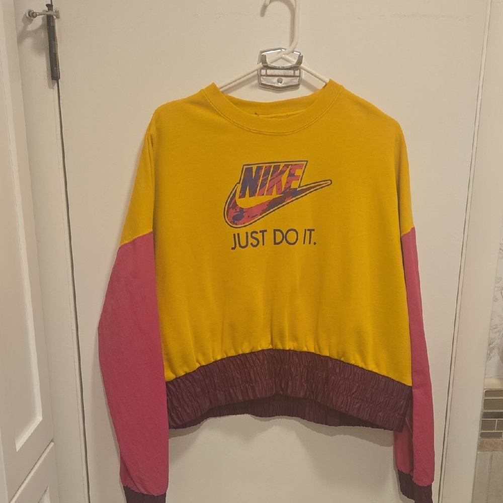 Nike Women's Yellow and Pink Crew Neck Sweater